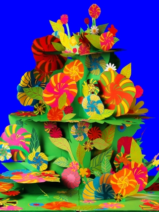 Ett mönster av papper med former av blommor och blad i olika färger. 